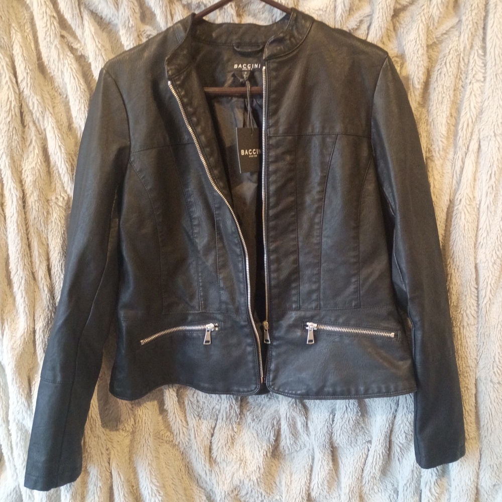 Baccini Women's Black Leather Jacket with Zipper Details